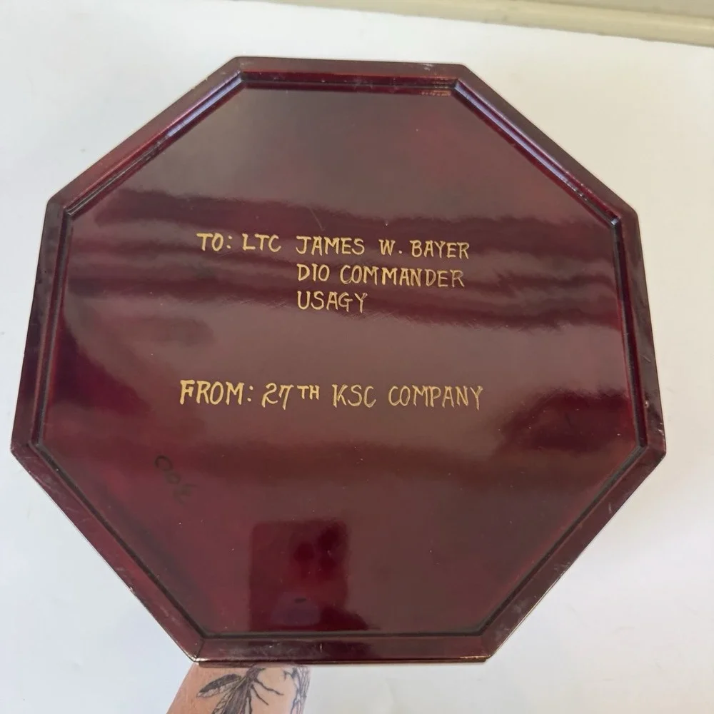 Vintage Korean Octagonal Lacquer Box Mother of Pearl Inlay Birds Military Signed